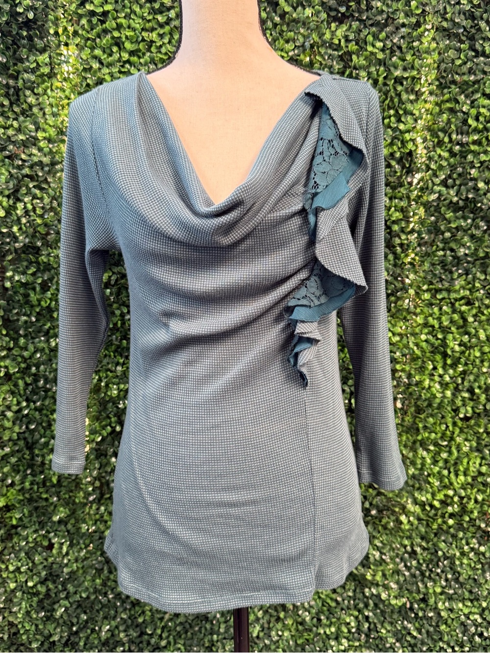Anthropologie Teal Green Ruffled Cowl Neck Long Sleeve Top